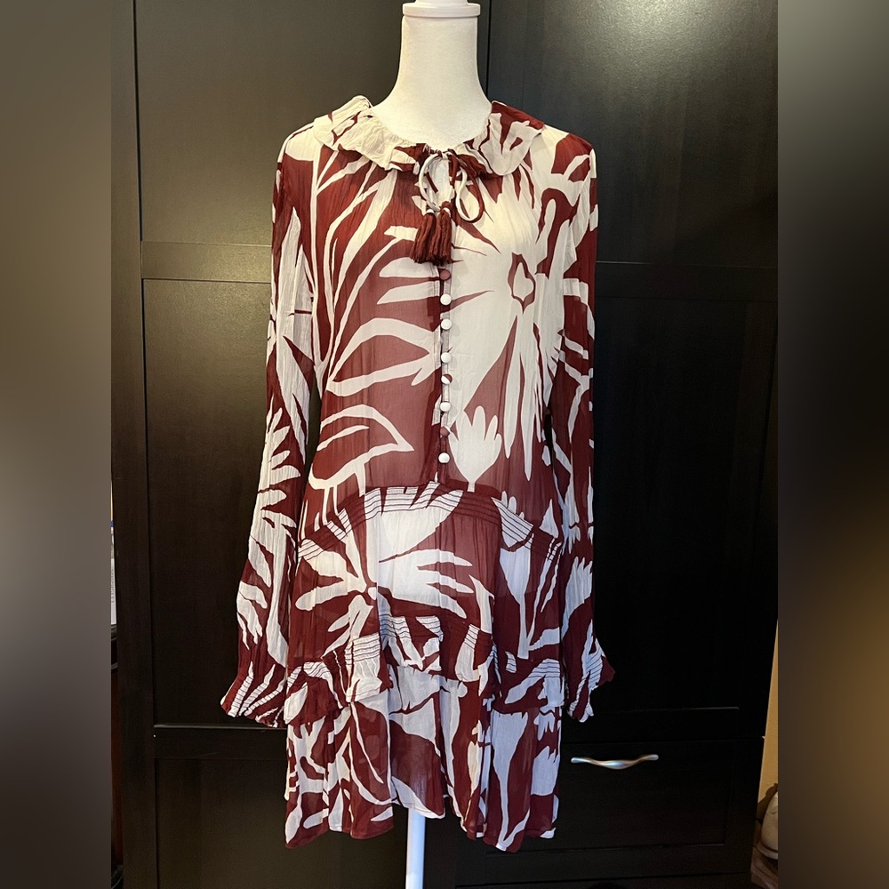 Anthropologie Marais Chiffon Mini Dress w/ ruffled skirt. Maroon, white. L-XL - Picture 6 of 15